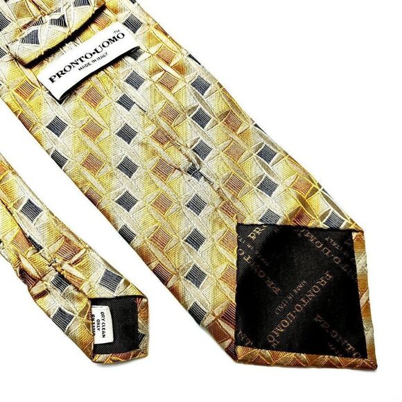 Pronto Uomo Silk Tie‎ Yellow Woven Geometric - Picture 5 of 6